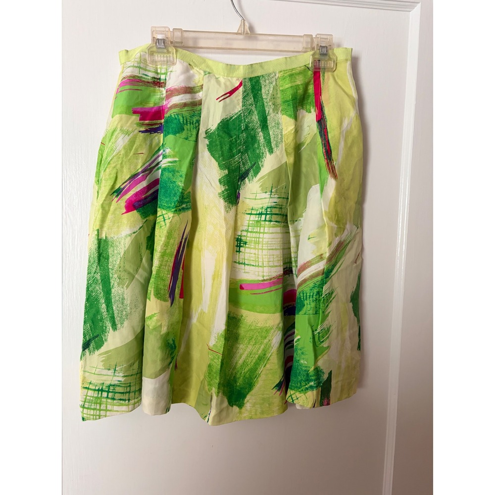 Beliza Womens 100% Silk‎ Abstract Painterly Print Pleated Midi Skirt Green 10